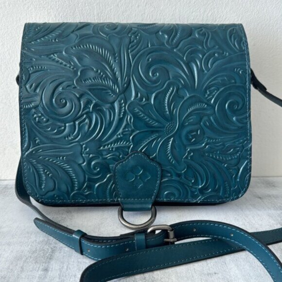 Patricia Nash Handbags - Patricia Nash Ilina Leather Tooled Flap Handbag Blue Coral Crossbody D Ring